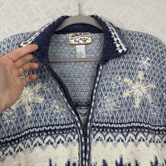 Vtg Heirloom Collectibles Sweater Large Blue Winter Snowflakes Knit Full Zip Y2K - Picture 4 of 14
